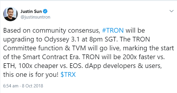 Tron’s Justin Sun Claims The Latest Update Makes TRX 200x Faster Than Ethereum And Defeats EOS On Costs