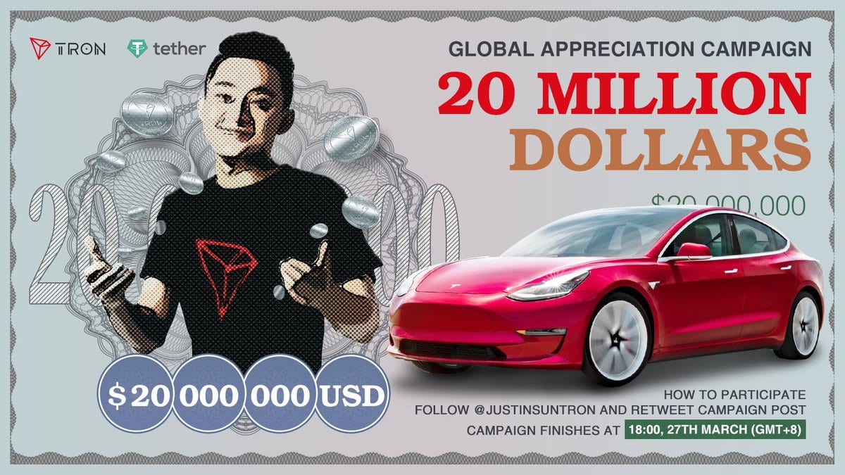 Tron’s CEO, Justin Sun Celebrates BitTorrent’s Astonishing Success By Announcing A $20 Million Free Cash Airdrop & A Tesla For One Follower